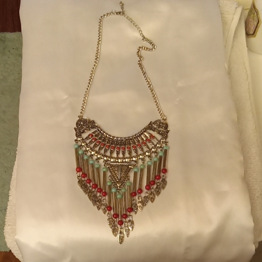 Bohemian Silver and Red Statement Necklace